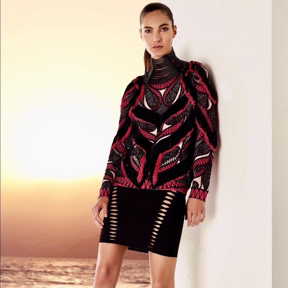 HERVE LEGER EVERLY CROCHET MESH FRINGE BODYCON TOP